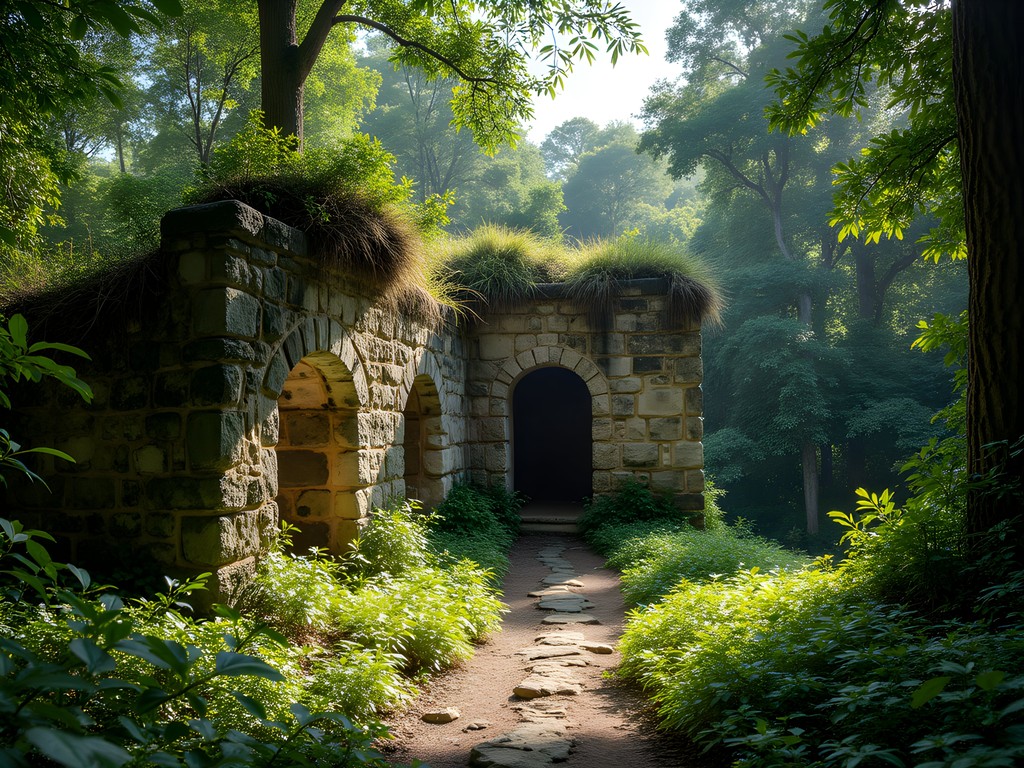 Stone ruins of Spanish colonial structure in Cambalache State Forest with lush vegetation