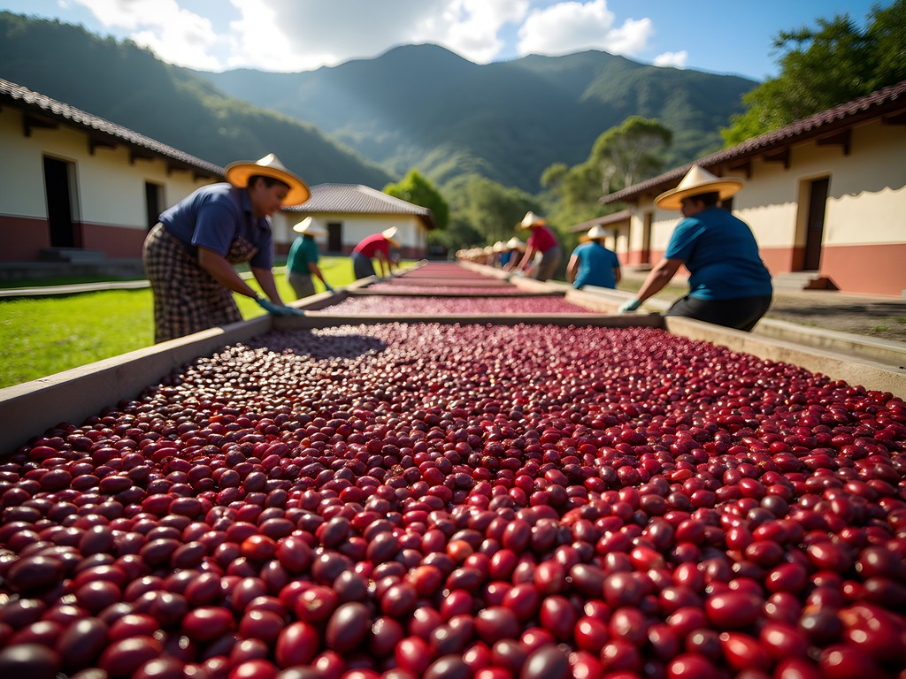 Traditional coffee drying beds at Hacienda San Pedro with mountains in background