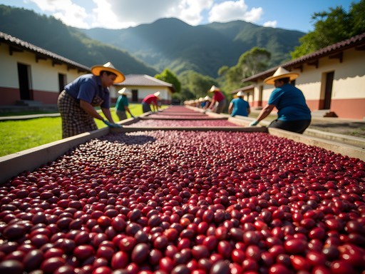 Traditional coffee drying beds at Hacienda San Pedro with mountains in background