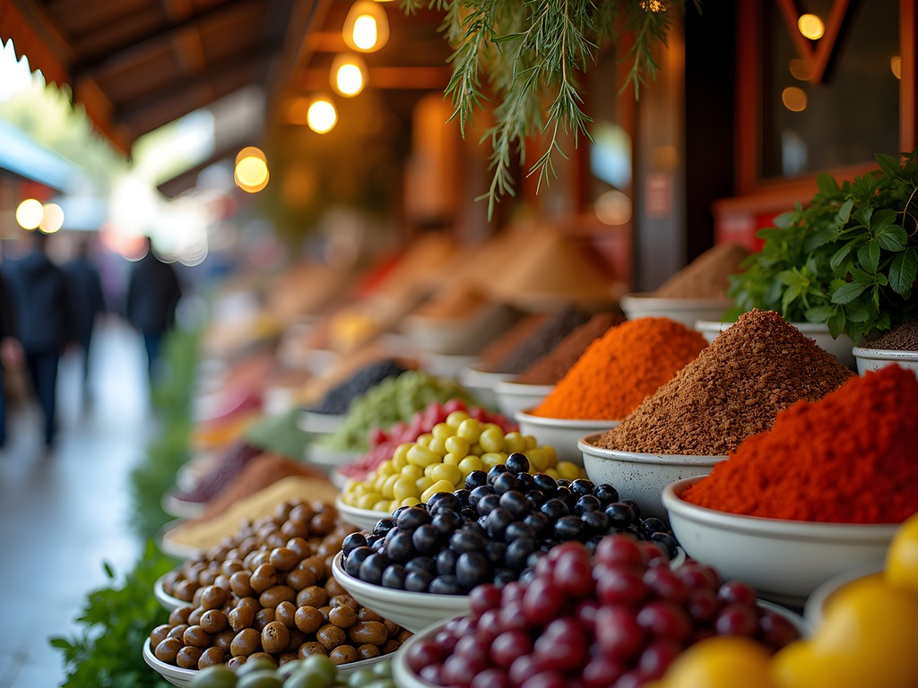 Vibrant display of olives, spices and fresh produce at Athens Central Market