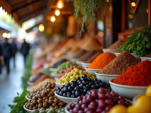 Vibrant display of olives, spices and fresh produce at Athens Central Market