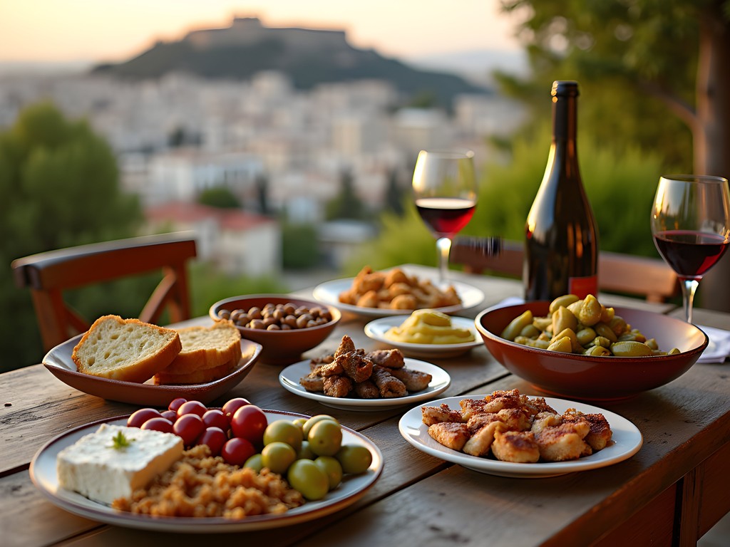 Traditional Greek meze spread with various dishes, olives, cheese, and wine with Athens view
