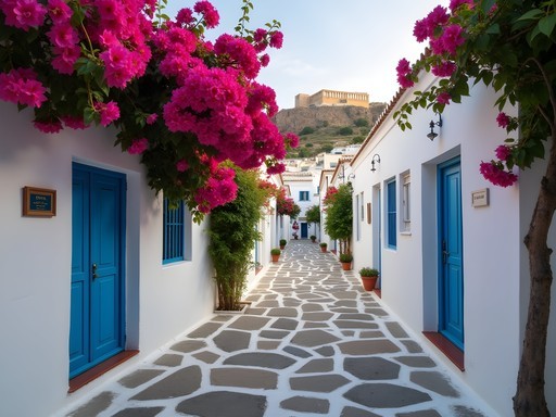 Narrow whitewashed streets of Anafiotika neighborhood with bougainvillea and glimpse of Acropolis