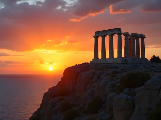 Temple of Poseidon at Cape Sounion silhouetted against dramatic sunset over the Aegean Sea