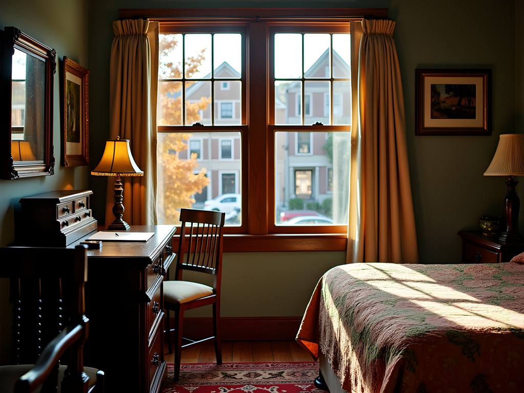 Historic inn in Auburn Maine with fall foliage and morning light