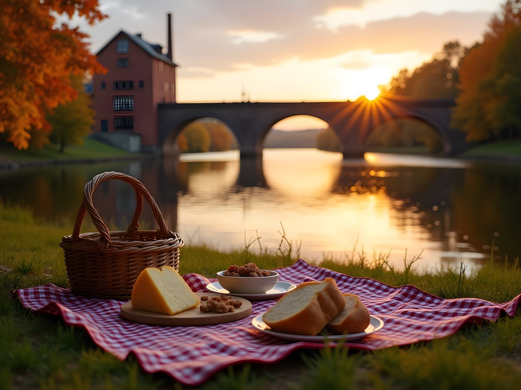 Sunset picnic view of historic textile mills along Androscoggin River in Auburn Maine