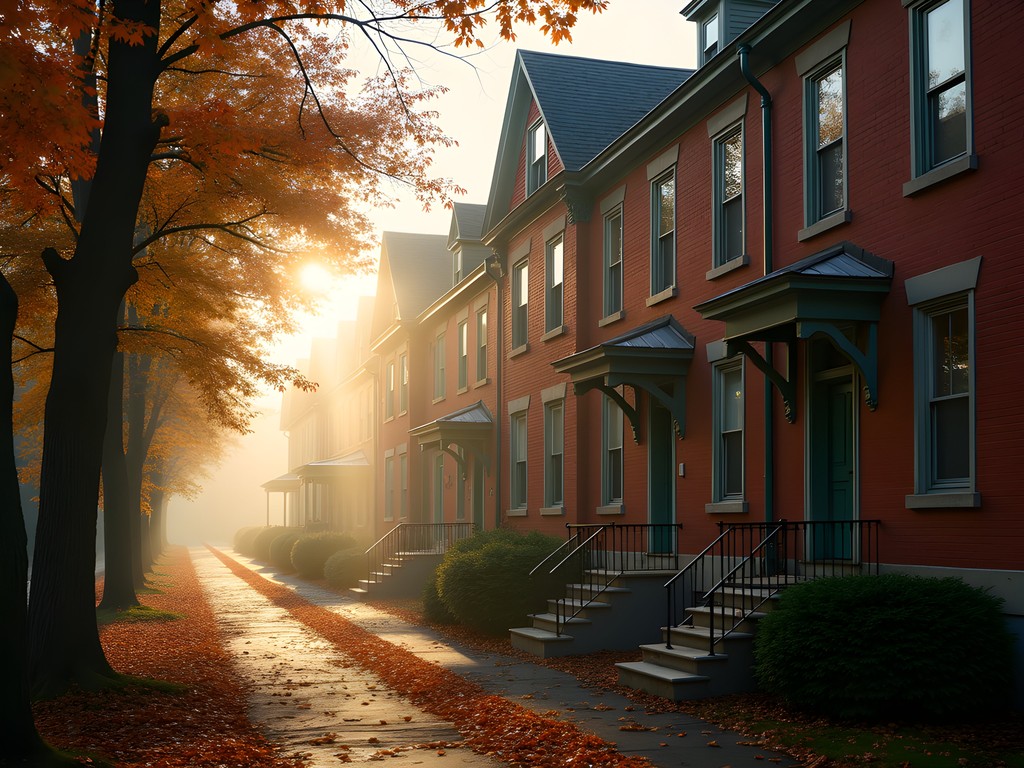 Historic mill worker housing in Auburn Maine with morning light and fall colors