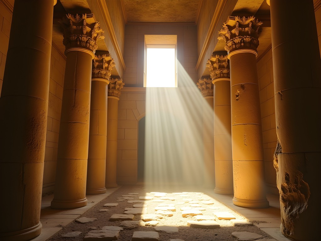 Sunbeams streaming through Temple of Bacchus illuminating ancient stone carvings