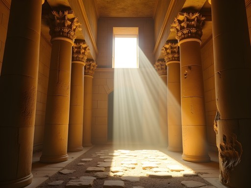 Sunbeams streaming through Temple of Bacchus illuminating ancient stone carvings
