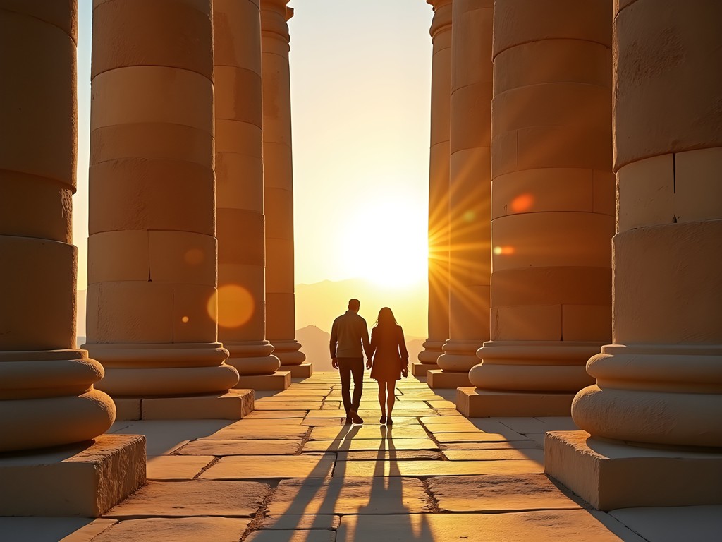 Couple admiring the massive scale of Baalbek's Temple of Jupiter columns