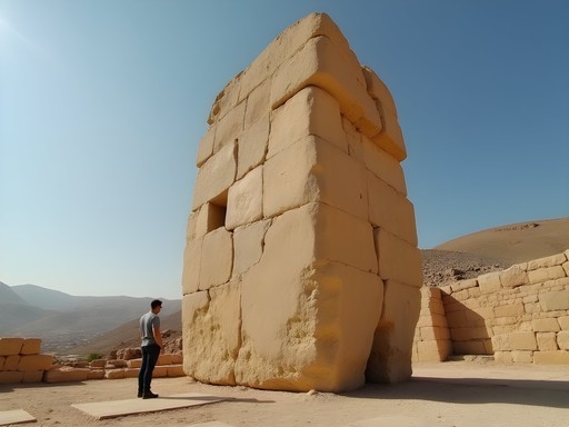 Massive ancient quarried stone block with person for scale at Baalbek