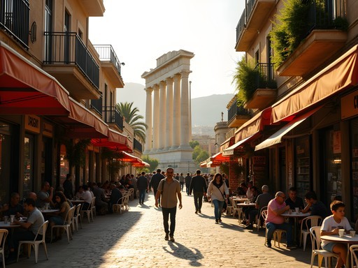 Modern Baalbek town life with ancient Roman temples visible in background