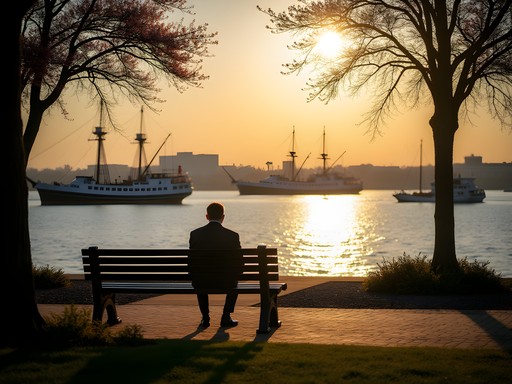 Peaceful moment of reflection overlooking Baltimore Harbor with historic ships in view
