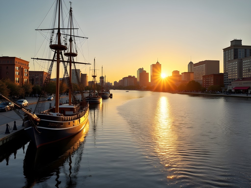 Baltimore Inner Harbor at sunrise with historic ships and modern buildings