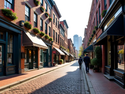 Historic cobblestone streets of Fell's Point district in Baltimore with 18th century buildings