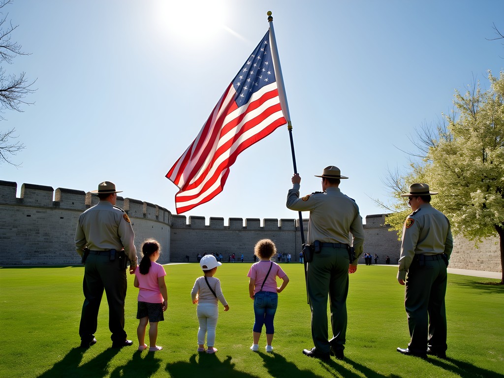 Flag ceremony at Fort McHenry National Monument with families watching