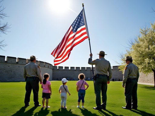 Flag ceremony at Fort McHenry National Monument with families watching