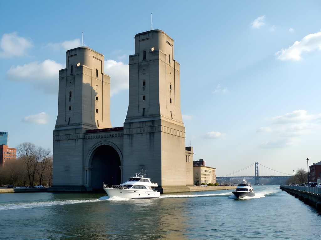 Art Deco ventilation towers of the Baltimore Harbor Tunnel rising from the water