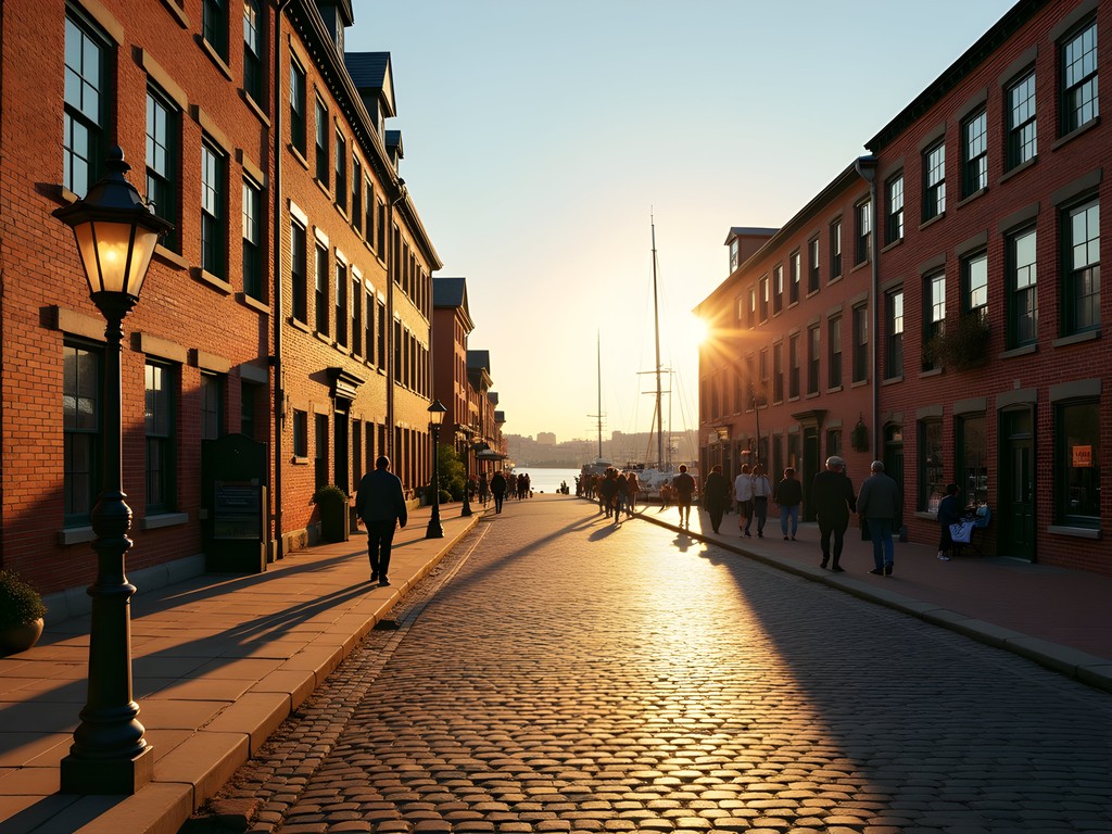 Historic Fells Point waterfront with cobblestone streets and 18th-century buildings in Baltimore