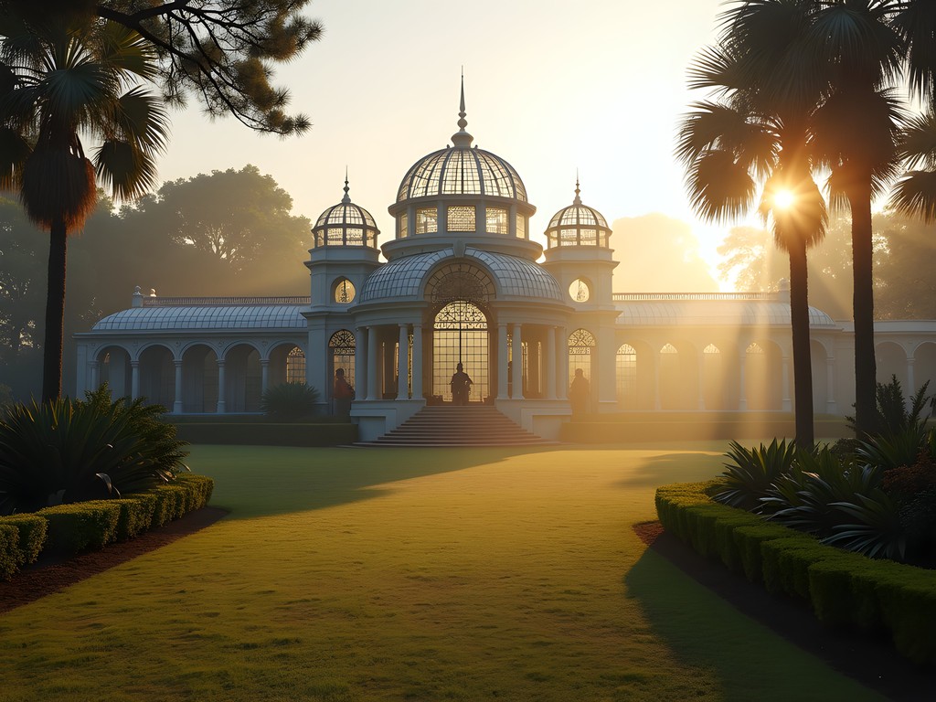 Historic glass house at Lalbagh Botanical Garden in early morning light