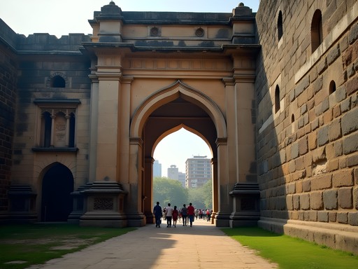 Historic Delhi Gate of Bangalore Fort with contrast of modern city in background
