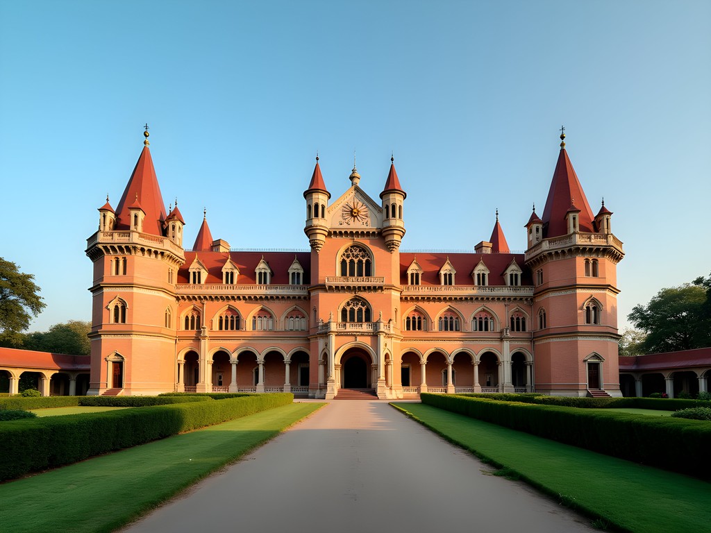 Tudor-Gothic architecture of Bangalore Palace with morning light illuminating the facade