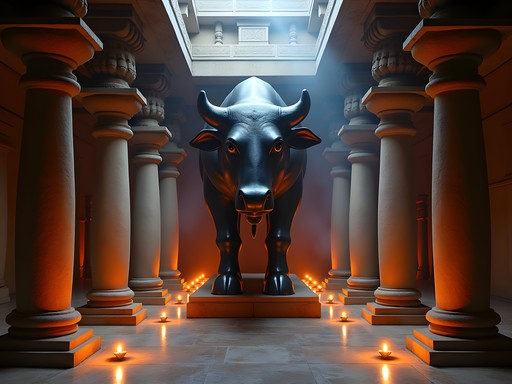 Massive monolithic Nandi (bull) statue inside the historic Bull Temple in Bangalore