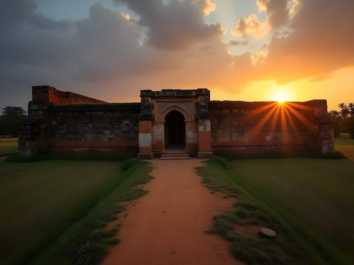 Ancient stone walls of Devanahalli Fort near Bangalore airport at sunset