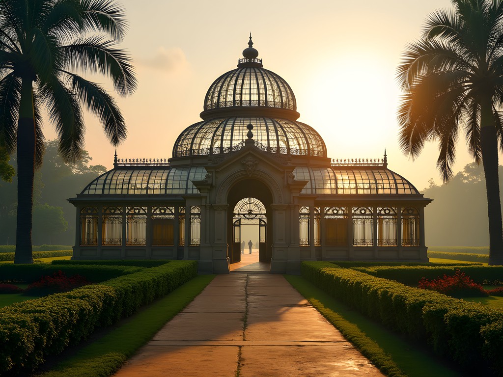 Historic glasshouse at Lalbagh Botanical Garden with morning light streaming through