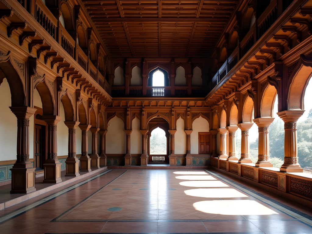 Intricately carved wooden pillars and arches inside Tipu Sultan's Summer Palace