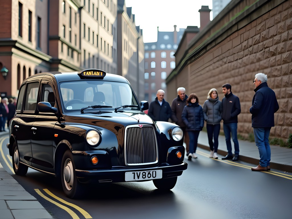 Traditional black taxi cab tour stopping at historical site in Belfast with guide explaining history
