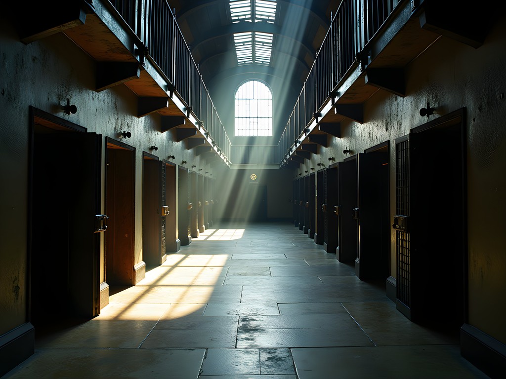 Historic corridor of Crumlin Road Gaol prison in Belfast with cells and iron bars