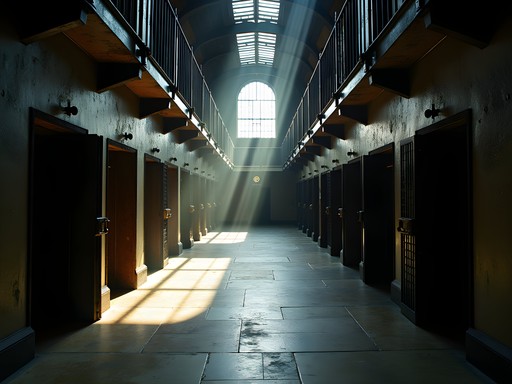 Historic corridor of Crumlin Road Gaol prison in Belfast with cells and iron bars