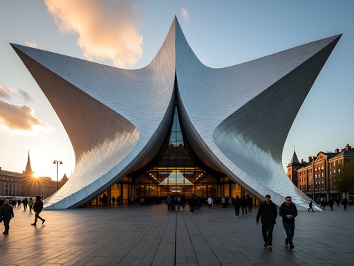 Modern Titanic Belfast museum building with distinctive architectural design at sunset