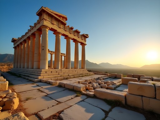 Ancient Temple of Zeus at Cyrene archaeological site illuminated by golden sunrise light
