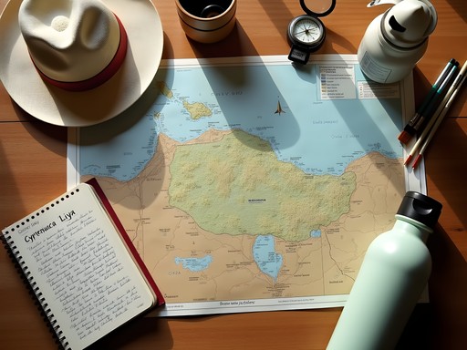 Archaeological expedition preparation with maps and equipment for exploring Libya's historical sites