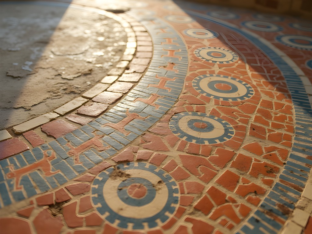 Intricate Roman mosaic floor in the House of Columns at Ptolemais archaeological site, Libya