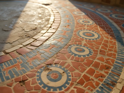 Intricate Roman mosaic floor in the House of Columns at Ptolemais archaeological site, Libya