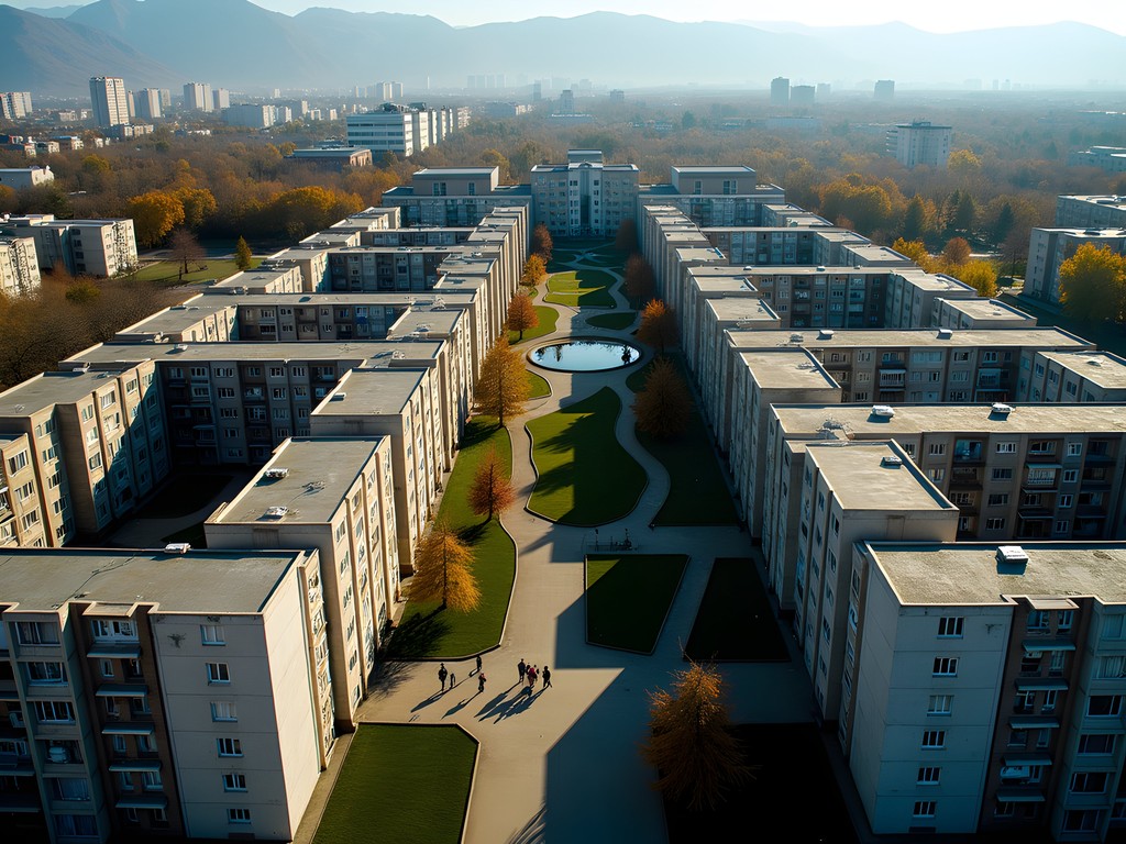 Soviet-era apartment blocks and community spaces in Bishkek microdistrict