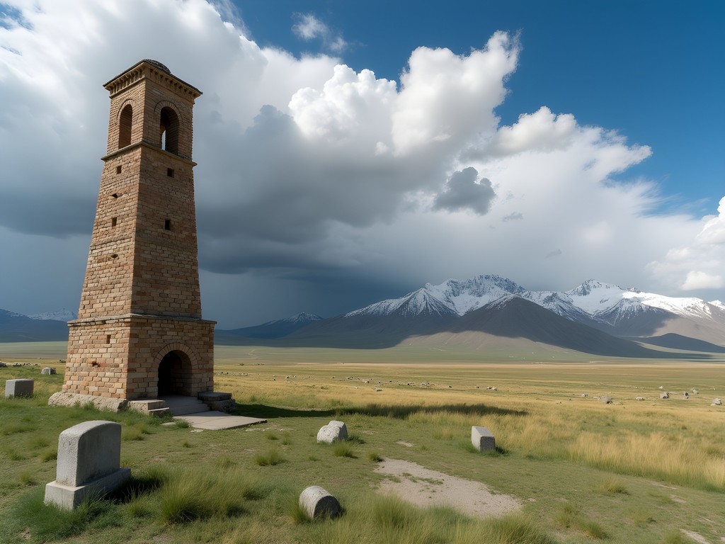 Ancient Burana Tower minaret with mountains in background near Bishkek