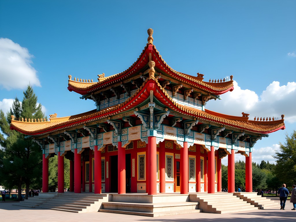 Colorful Chinese-style Dungan Mosque with pagoda roofs in Bishkek