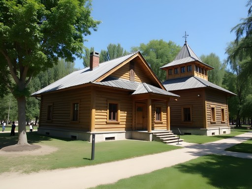 Wooden house and museum building at the Frunze House Museum in Bishkek