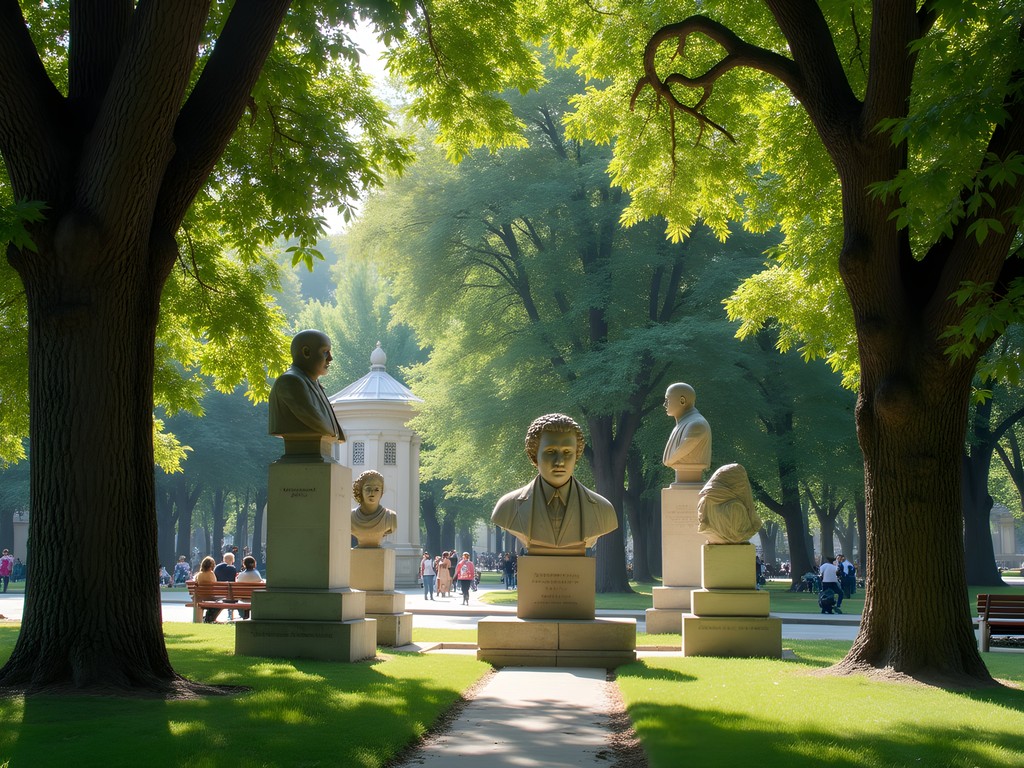 Soviet-era sculptures among trees in Oak Park, Bishkek