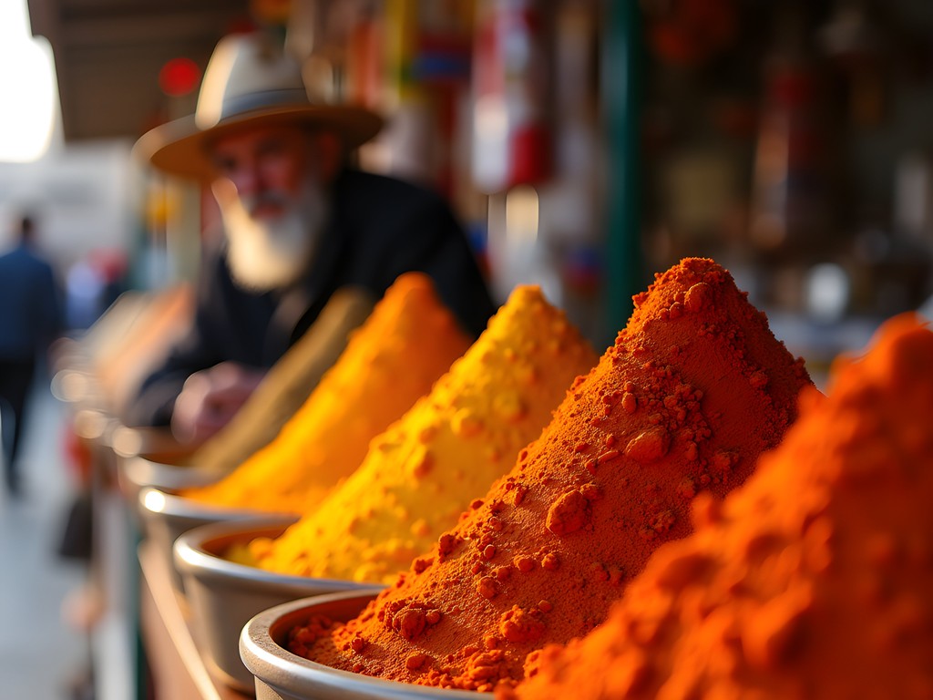 Colorful display of traditional spices at Osh Bazaar in Bishkek