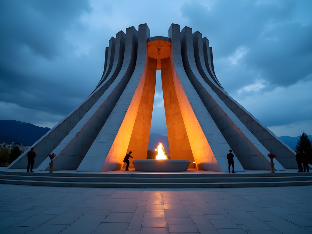 Eternal flame memorial at Victory Square in Bishkek at dusk