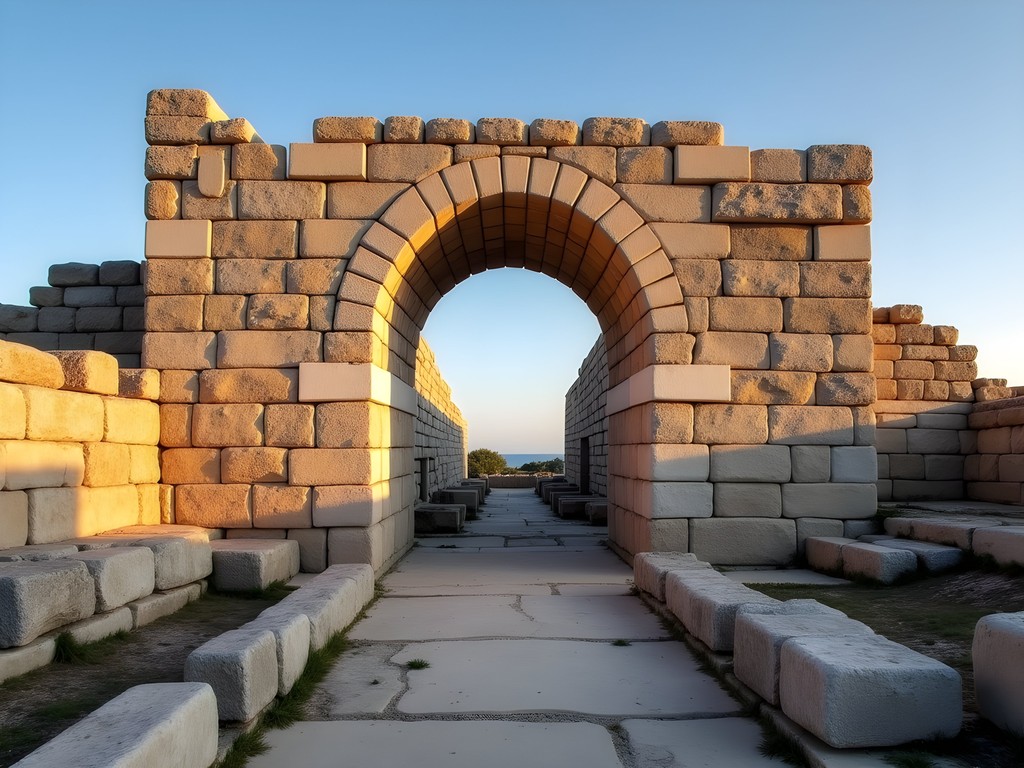 Builder examining ancient stone construction techniques at Myndos Gate in Bodrum