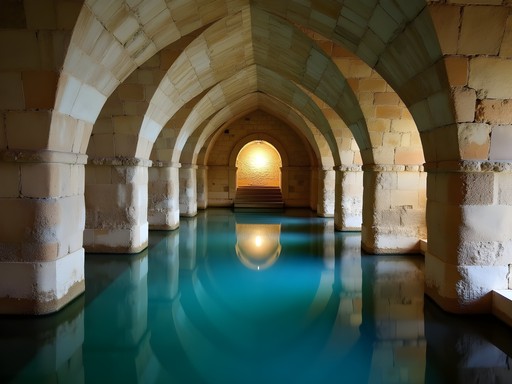 Interior of ancient Ottoman water cistern showing arched construction in Bodrum