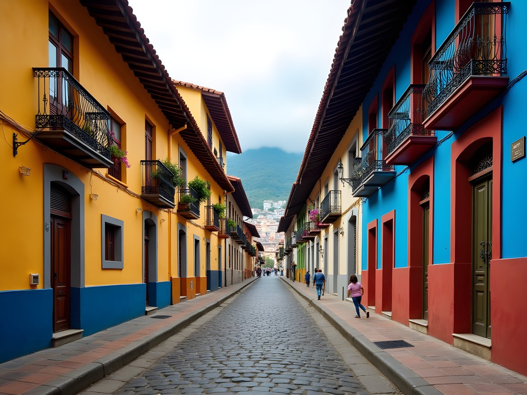 Colorful colonial buildings with wrought-iron balconies in La Candelaria, Bogota