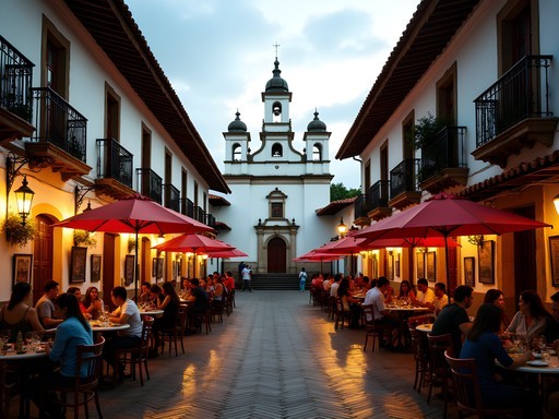 Usaquén's colonial square with historic church alongside modern restaurants and cafes