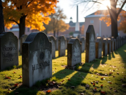 Historic gravestones at Copp's Hill Burying Ground with fall foliage